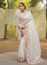 White Pure Silk Latest Designer Saree with Embroidery & Cut Work